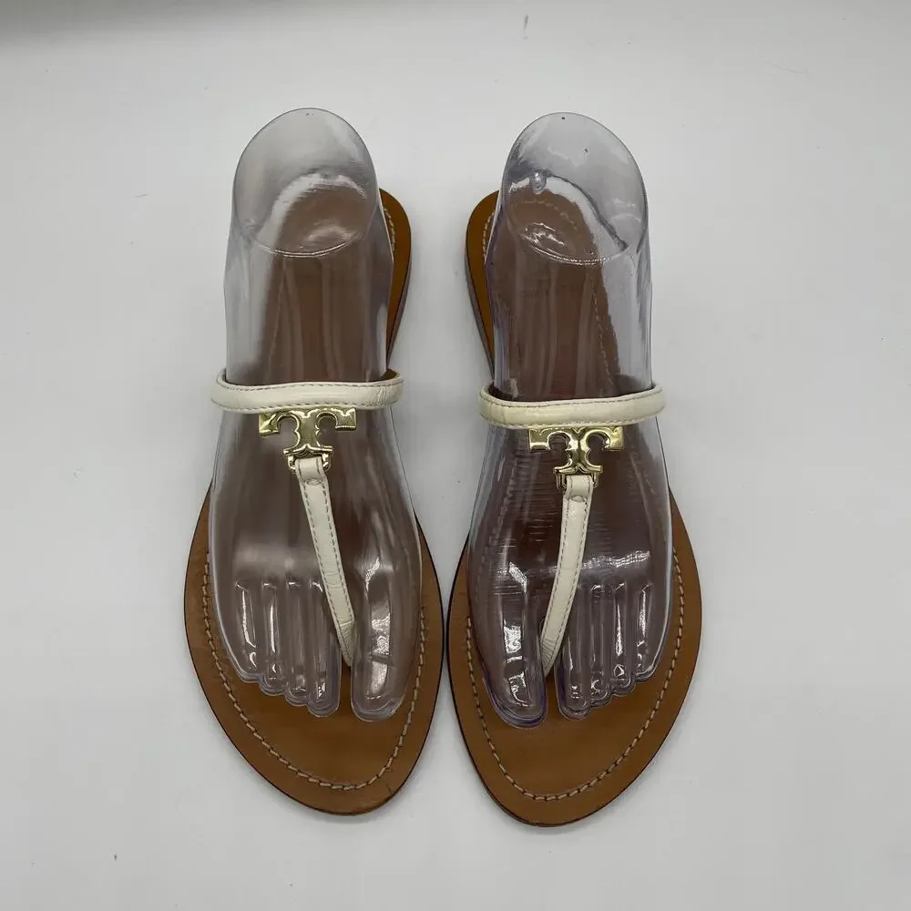 Tory Burch 'T' Logo Leather Thong Sandal - White - 9